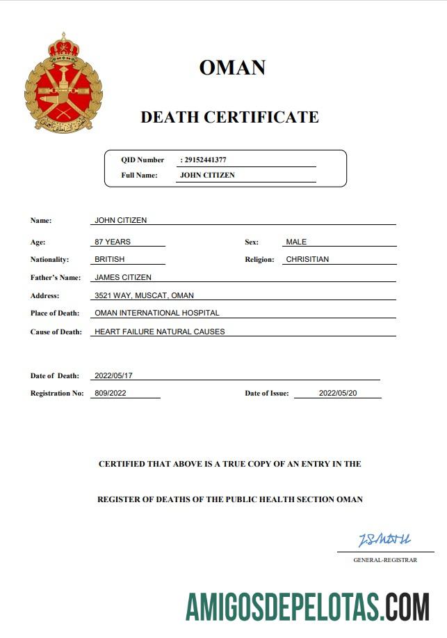 Em branco modelo Word e PDF de certidão de óbito de registro vital de Omã